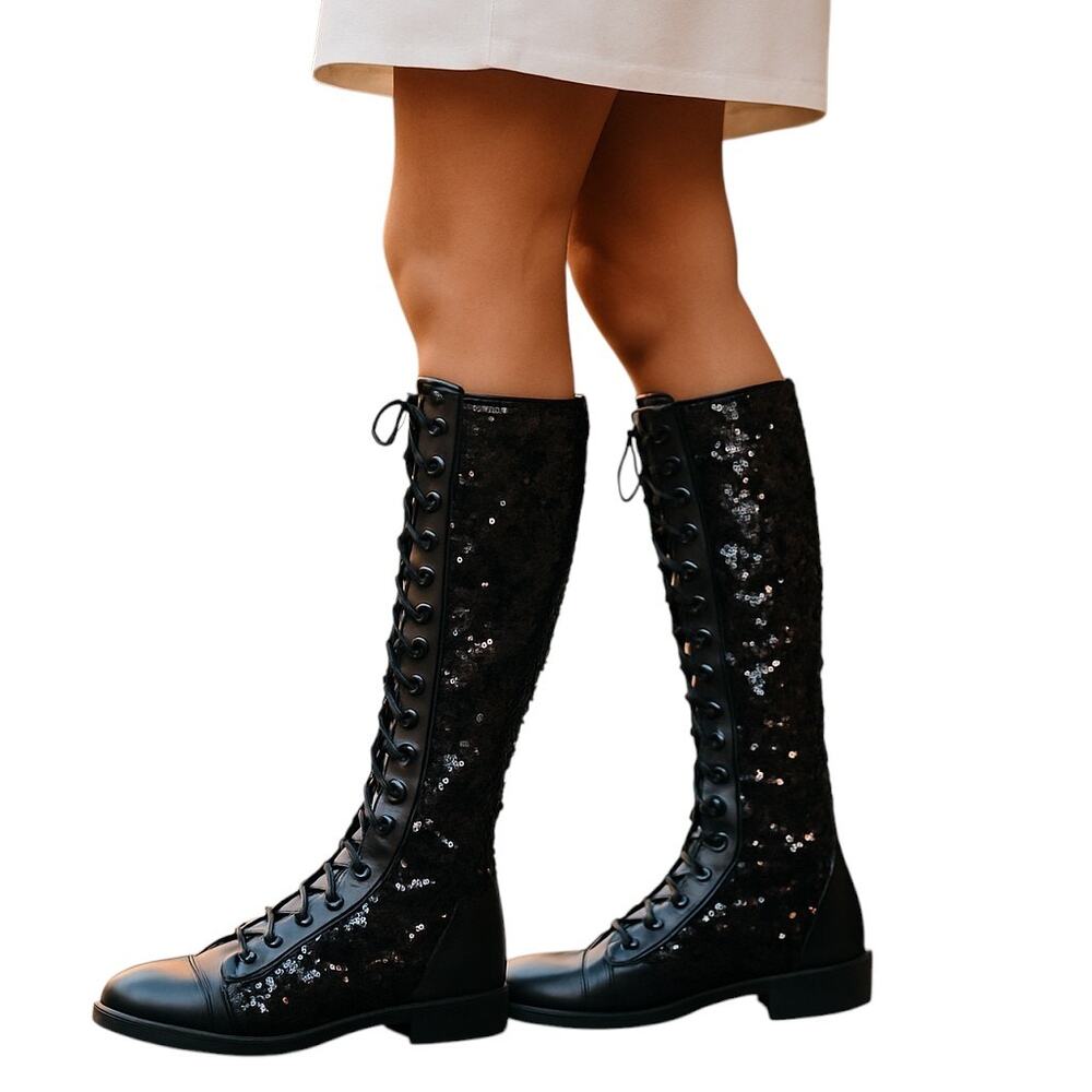 Cape Robbin 8.5 Women's Black Sequin Open Toe Lace Up Leg Sandal Shoe Flat 8 1/2